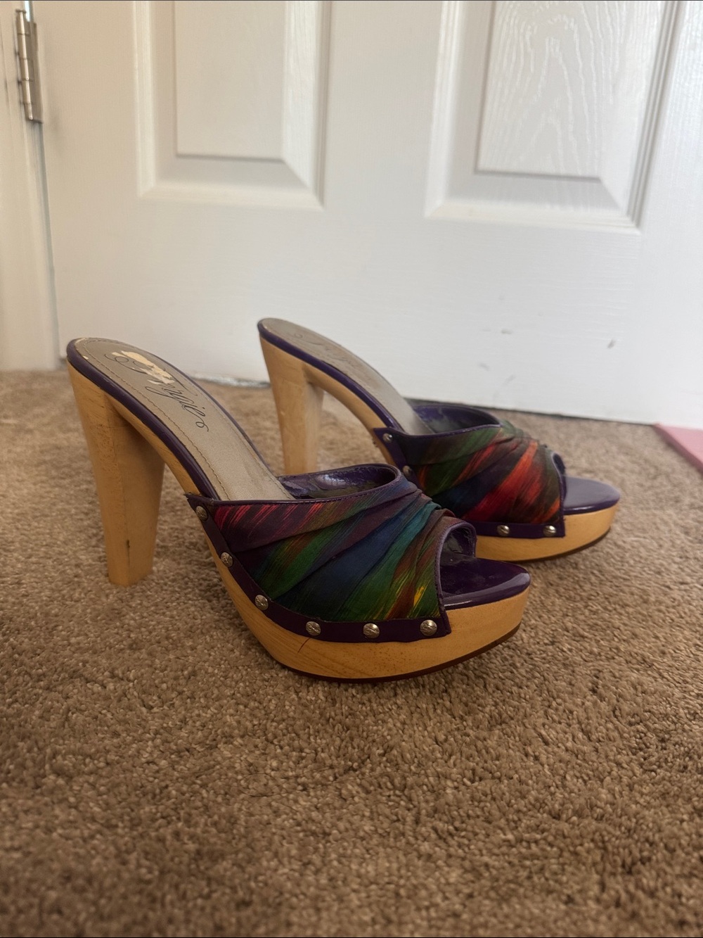 Fergie Multicolor Strappy Wood Platform Mules - Purple Trim